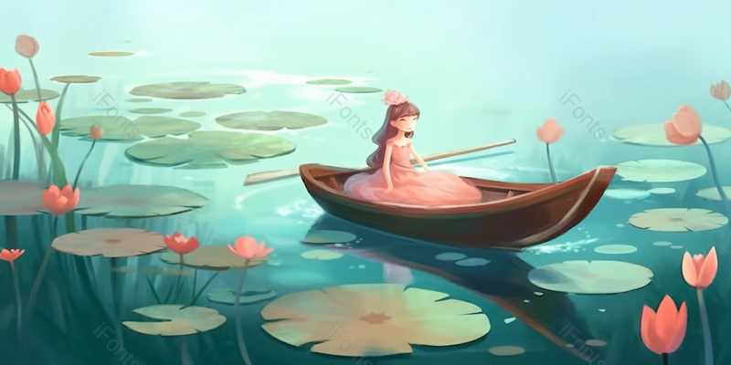 绿色女生荷塘泛舟插画背景,插画/手绘图,插画/手绘图库,插画/手绘图下载,插画/手绘